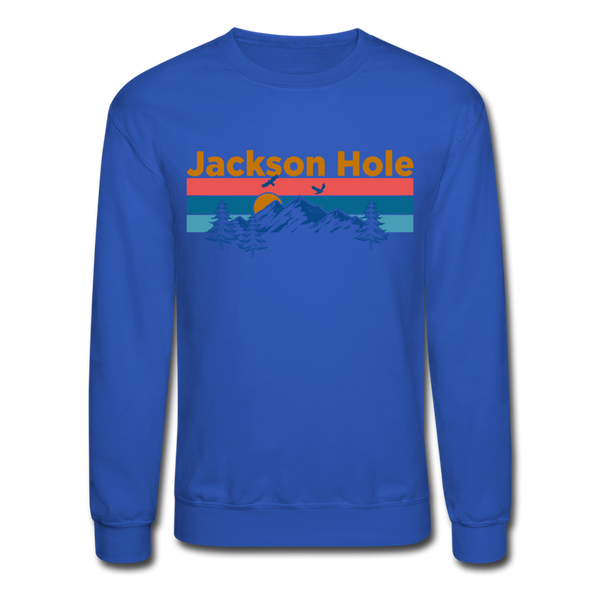 Jackson Hole, Wyoming Sweatshirt - Retro Mountain & Birds Jackson Hole Crewneck Sweatshirt - royal blue