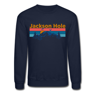Jackson Hole, Wyoming Sweatshirt - Retro Mountain & Birds Jackson Hole Crewneck Sweatshirt - navy