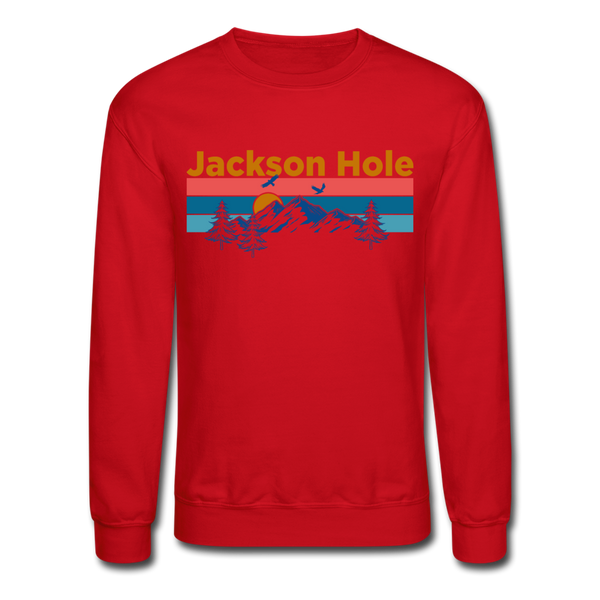Jackson Hole, Wyoming Sweatshirt - Retro Mountain & Birds Jackson Hole Crewneck Sweatshirt - red