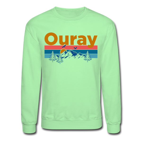 Ouray, Colorado Sweatshirt - Retro Mountain & Birds Ouray Crewneck Sweatshirt - lime