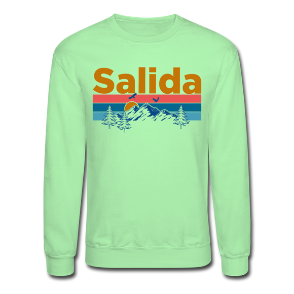 Salida, Colorado Sweatshirt - Retro Mountain & Birds Salida Crewneck Sweatshirt - lime