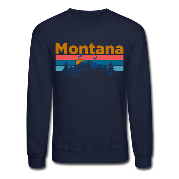 Montana Sweatshirt - Retro Mountain & Birds Montana Crewneck Sweatshirt - navy