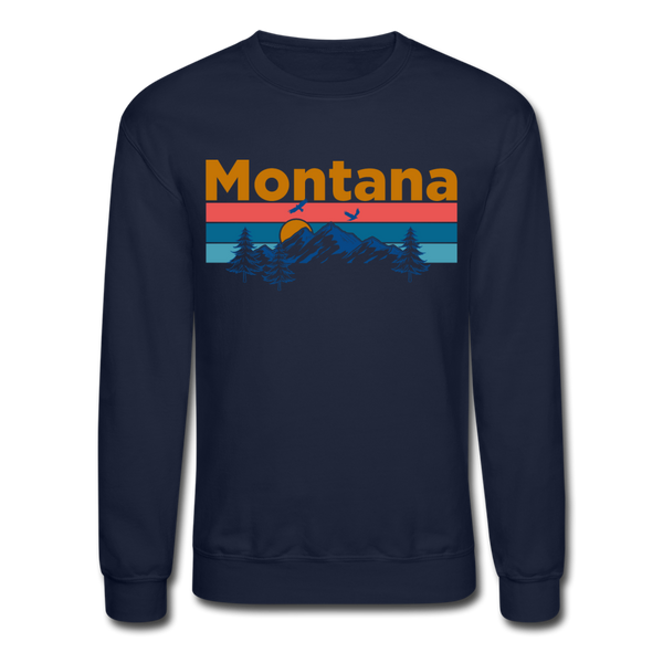 Montana Sweatshirt - Retro Mountain & Birds Montana Crewneck Sweatshirt - navy