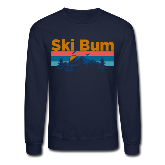 Ski Bum Sweatshirt - Retro Mountain & Birds Ski Bum Crewneck Sweatshirt - navy