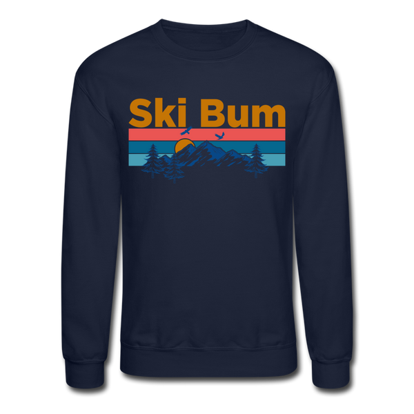 Ski Bum Sweatshirt - Retro Mountain & Birds Ski Bum Crewneck Sweatshirt - navy