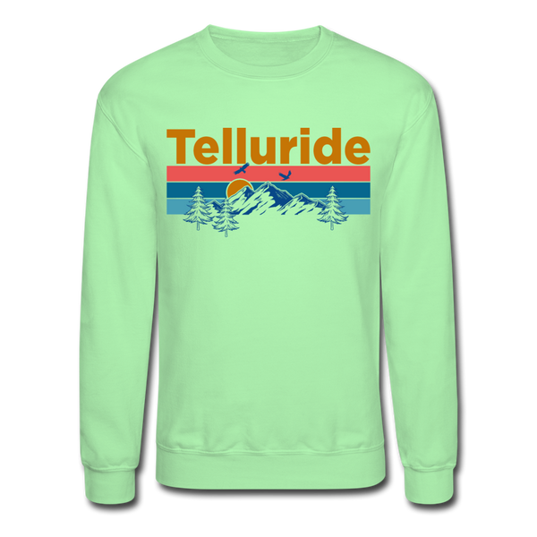 Telluride, Colorado Sweatshirt - Retro Mountain & Birds Telluride Crewneck Sweatshirt - lime