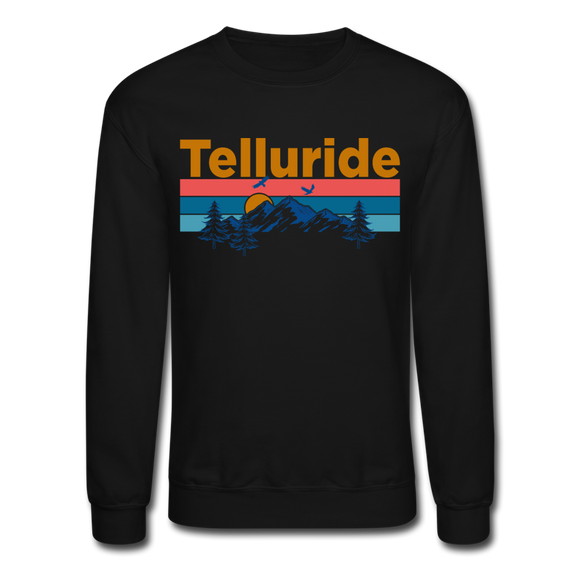 Telluride, Colorado Sweatshirt - Retro Mountain & Birds Telluride Crewneck Sweatshirt - black