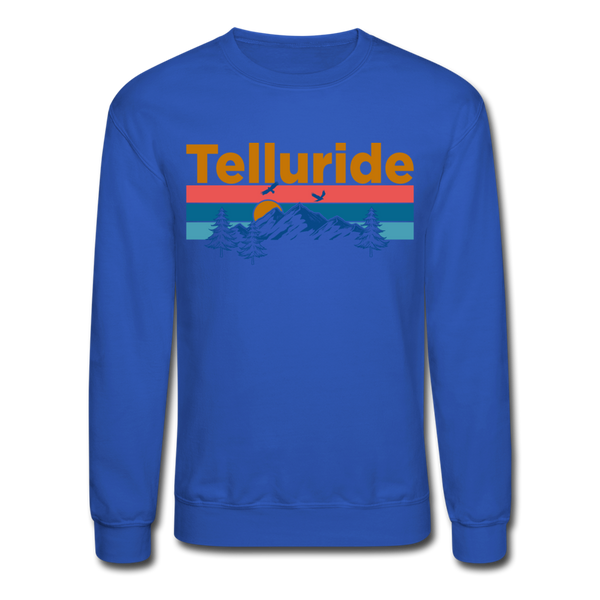 Telluride, Colorado Sweatshirt - Retro Mountain & Birds Telluride Crewneck Sweatshirt - royal blue
