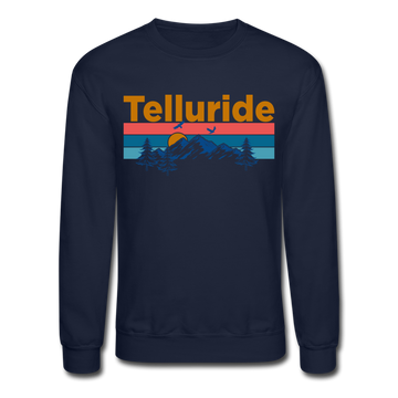 Telluride, Colorado Sweatshirt - Retro Mountain & Birds Telluride Crewneck Sweatshirt - navy