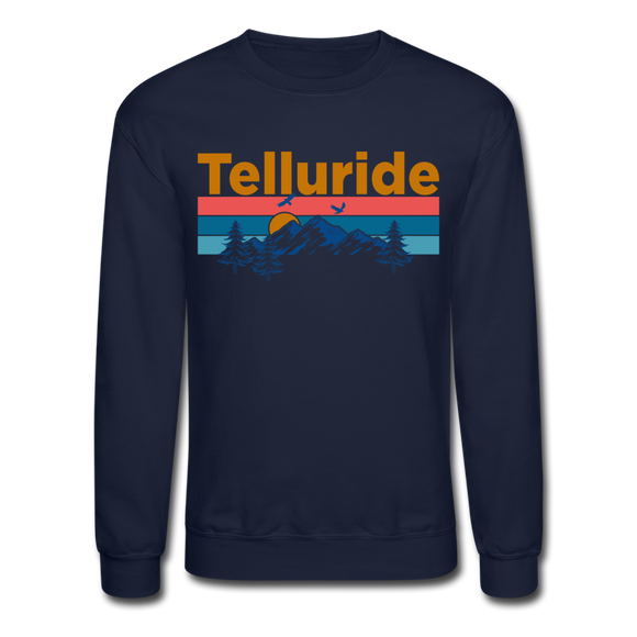 Telluride, Colorado Sweatshirt - Retro Mountain & Birds Telluride Crewneck Sweatshirt - navy