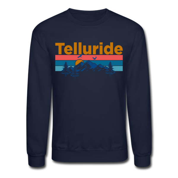 Telluride, Colorado Sweatshirt - Retro Mountain & Birds Telluride Crewneck Sweatshirt - navy