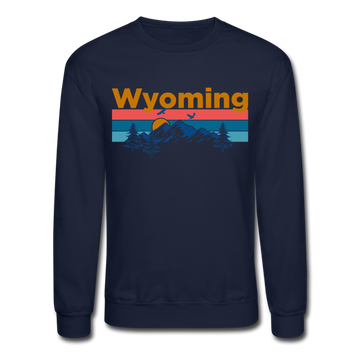 Wyoming Sweatshirt - Retro Mountain & Birds Wyoming Crewneck Sweatshirt - navy