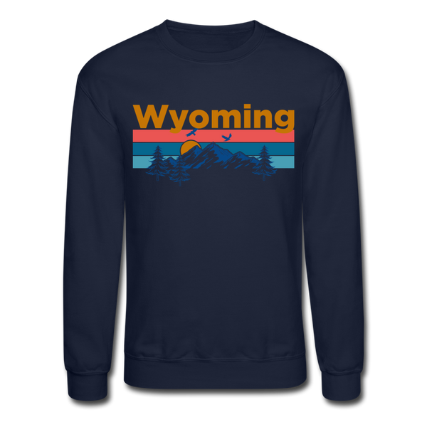 Wyoming Sweatshirt - Retro Mountain & Birds Wyoming Crewneck Sweatshirt - navy