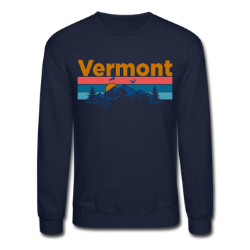 Vermont Sweatshirt - Retro Mountain & Birds Vermont Crewneck Sweatshirt - navy