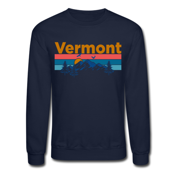 Vermont Sweatshirt - Retro Mountain & Birds Vermont Crewneck Sweatshirt - navy