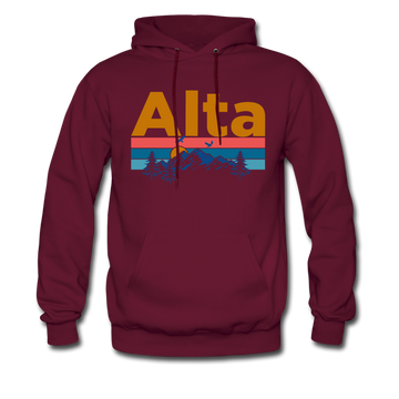 Alta, Utah Hoodie - Retro Mountain & Birds Alta Hooded Sweatshirt - burgundy