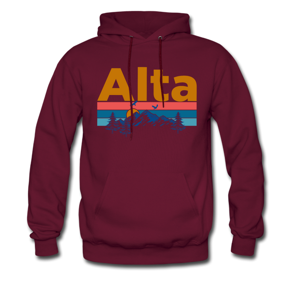 Alta, Utah Hoodie - Retro Mountain & Birds Alta Hooded Sweatshirt - burgundy