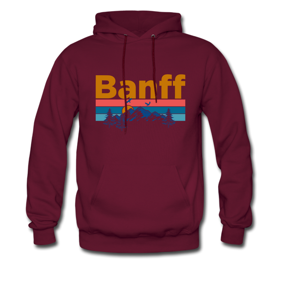 Banff, Canada Hoodie - Retro Mountain & Birds Banff Hooded Sweatshirt - burgundy