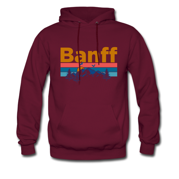 Banff, Canada Hoodie - Retro Mountain & Birds Banff Hooded Sweatshirt - burgundy