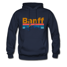 Banff, Canada Hoodie - Retro Mountain & Birds Banff Hooded Sweatshirt - navy