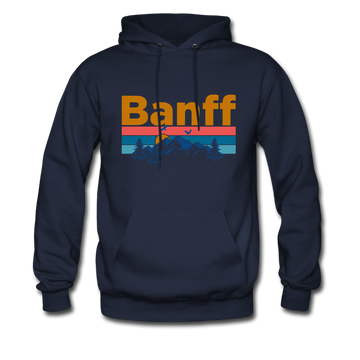 Banff, Canada Hoodie - Retro Mountain & Birds Banff Hooded Sweatshirt - navy