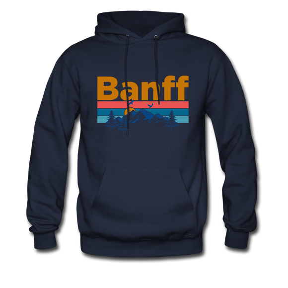 Banff, Canada Hoodie - Retro Mountain & Birds Banff Hooded Sweatshirt - navy