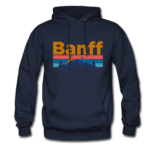 Banff, Canada Hoodie - Retro Mountain & Birds Banff Hooded Sweatshirt - navy