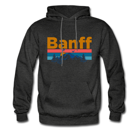 Banff, Canada Hoodie - Retro Mountain & Birds Banff Hooded Sweatshirt - charcoal gray