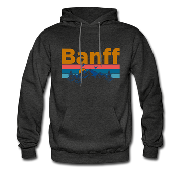 Banff, Canada Hoodie - Retro Mountain & Birds Banff Hooded Sweatshirt - charcoal gray