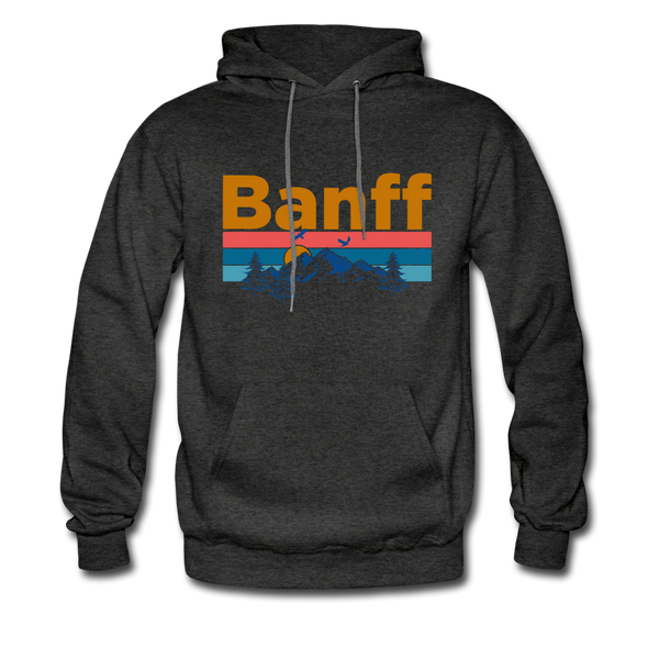 Banff, Canada Hoodie - Retro Mountain & Birds Banff Hooded Sweatshirt - charcoal gray
