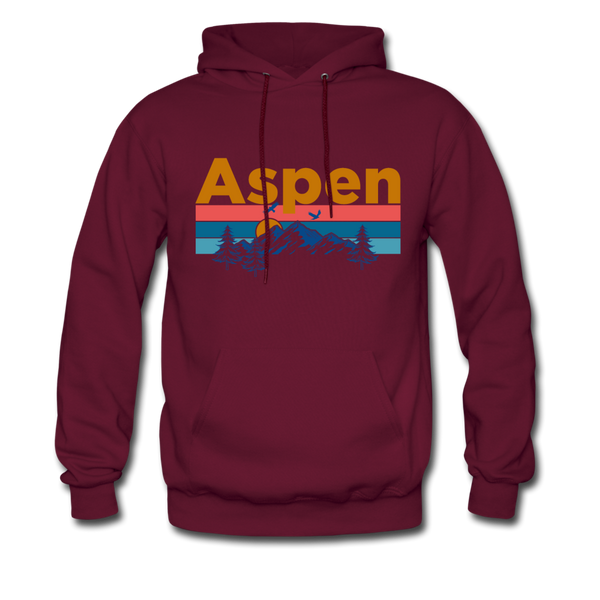 Aspen, Colorado Hoodie - Retro Mountain & Birds Aspen Hooded Sweatshirt - burgundy