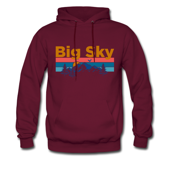 Big Sky, Montana Hoodie - Retro Mountain & Birds Big Sky Hooded Sweatshirt - burgundy