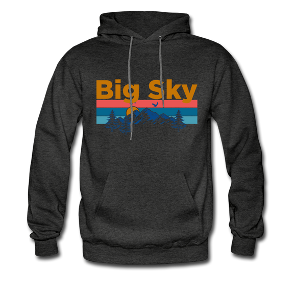 Big Sky, Montana Hoodie - Retro Mountain & Birds Big Sky Hooded Sweatshirt - charcoal gray