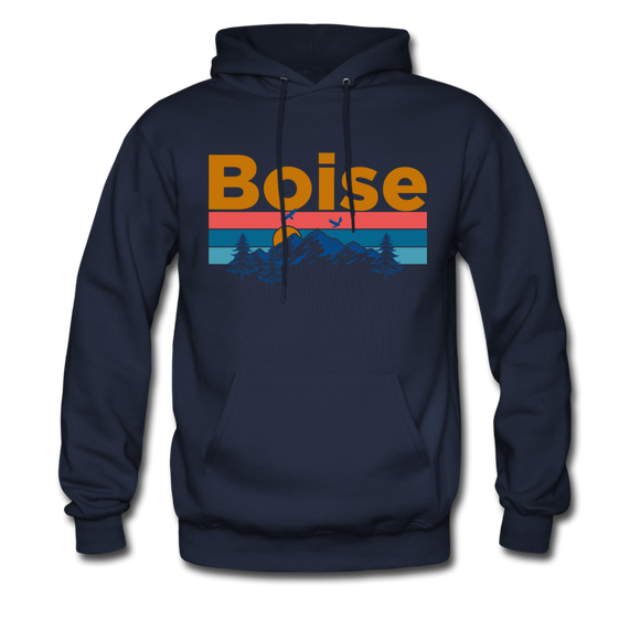 Boise, Idaho Hoodie - Retro Mountain & Birds Boise Hooded Sweatshirt - navy