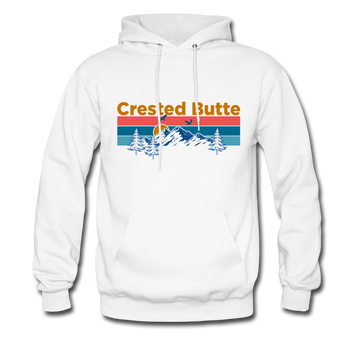 Crested Butte Hoodie - Retro Mountain & Birds Crested Butte Hooded Sweatshirt - white