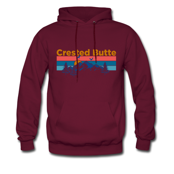 Crested Butte Hoodie - Retro Mountain & Birds Crested Butte Hooded Sweatshirt - burgundy