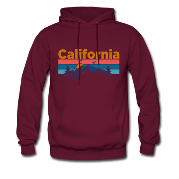 California Hoodie - Retro Mountain & Birds California Hooded Sweatshirt - burgundy