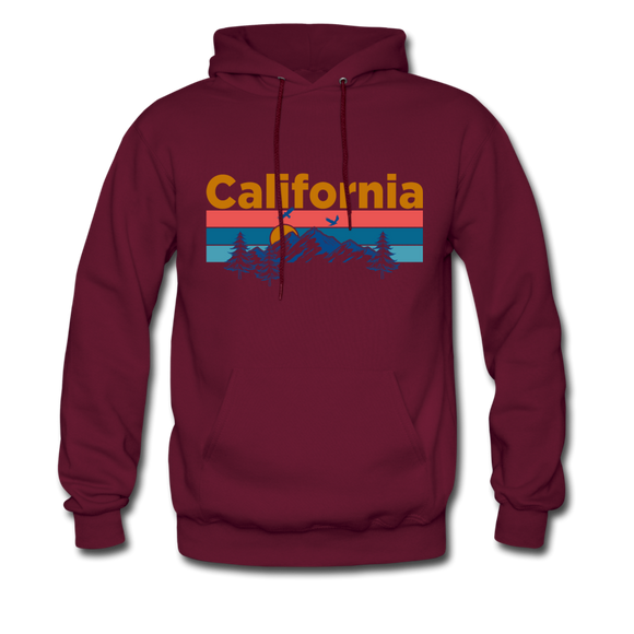California Hoodie - Retro Mountain & Birds California Hooded Sweatshirt - burgundy