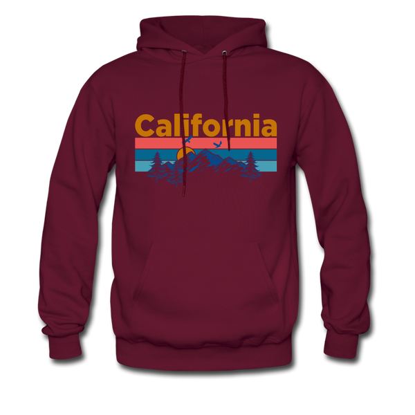California Hoodie - Retro Mountain & Birds California Hooded Sweatshirt - burgundy