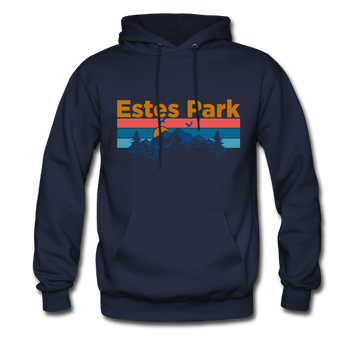 Estes Park, Colorado Hoodie - Retro Mountain & Birds Estes Park Hooded Sweatshirt - navy