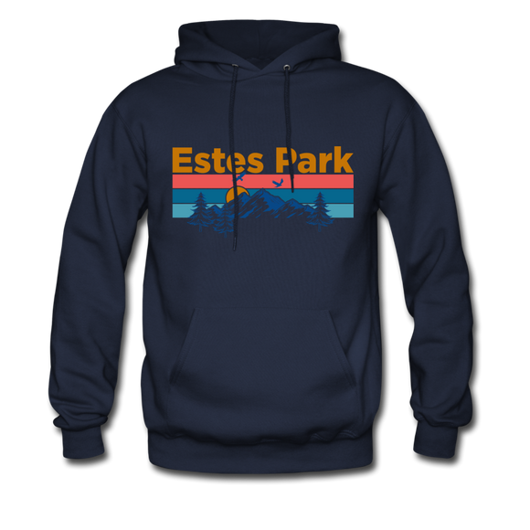 Estes Park, Colorado Hoodie - Retro Mountain & Birds Estes Park Hooded Sweatshirt - navy