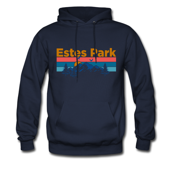 Estes Park, Colorado Hoodie - Retro Mountain & Birds Estes Park Hooded Sweatshirt - navy