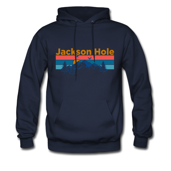 Jackson Hole, Wyoming Hoodie - Retro Mountain & Birds Jackson Hole Hooded Sweatshirt - navy