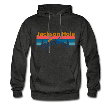 Jackson Hole, Wyoming Hoodie - Retro Mountain & Birds Jackson Hole Hooded Sweatshirt - charcoal gray