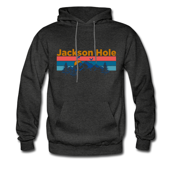 Jackson Hole, Wyoming Hoodie - Retro Mountain & Birds Jackson Hole Hooded Sweatshirt - charcoal gray