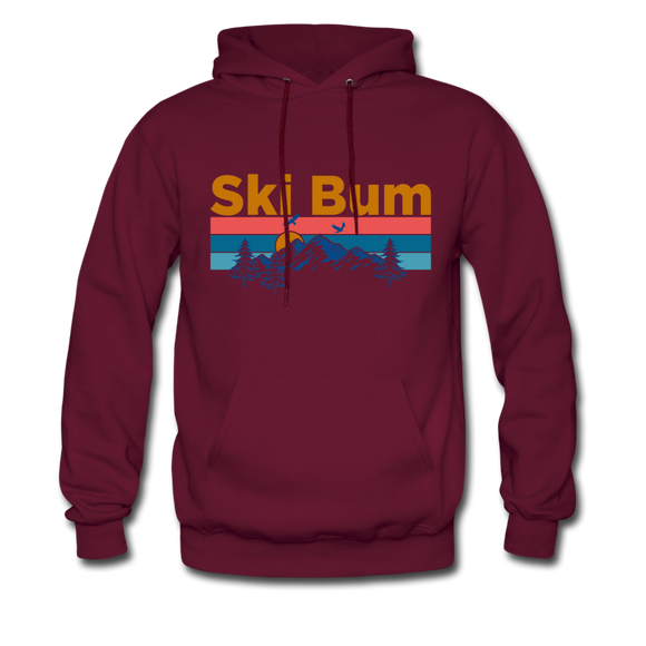 Ski Bum Hoodie - Retro Mountain & Birds Ski Bum Hooded Sweatshirt - burgundy