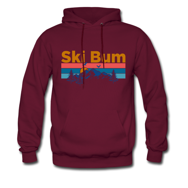 Ski Bum Hoodie - Retro Mountain & Birds Ski Bum Hooded Sweatshirt - burgundy