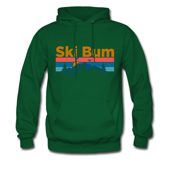Ski Bum Hoodie - Retro Mountain & Birds Ski Bum Hooded Sweatshirt - forest green
