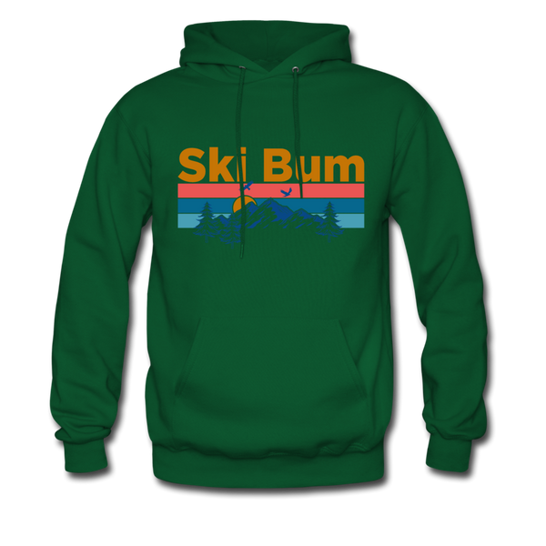 Ski Bum Hoodie - Retro Mountain & Birds Ski Bum Hooded Sweatshirt - forest green