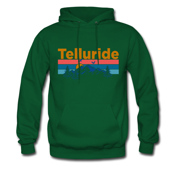Telluride, Colorado Hoodie - Retro Mountain & Birds Telluride Hooded Sweatshirt - forest green